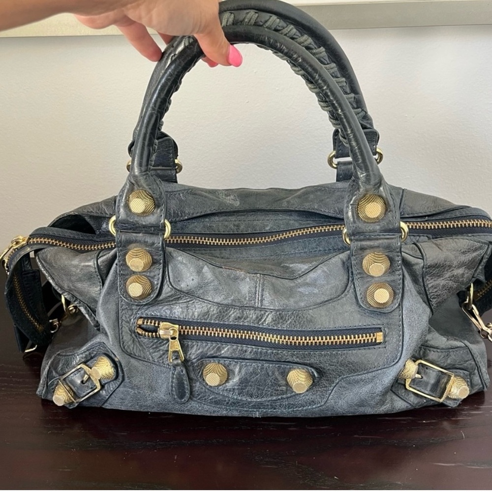 Teal Blue Leather Satchel with Gold Accents